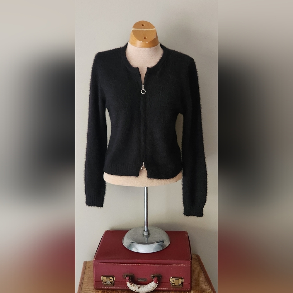 Fuzzy Black Chic Cardigan Zip up Size Large NWOT